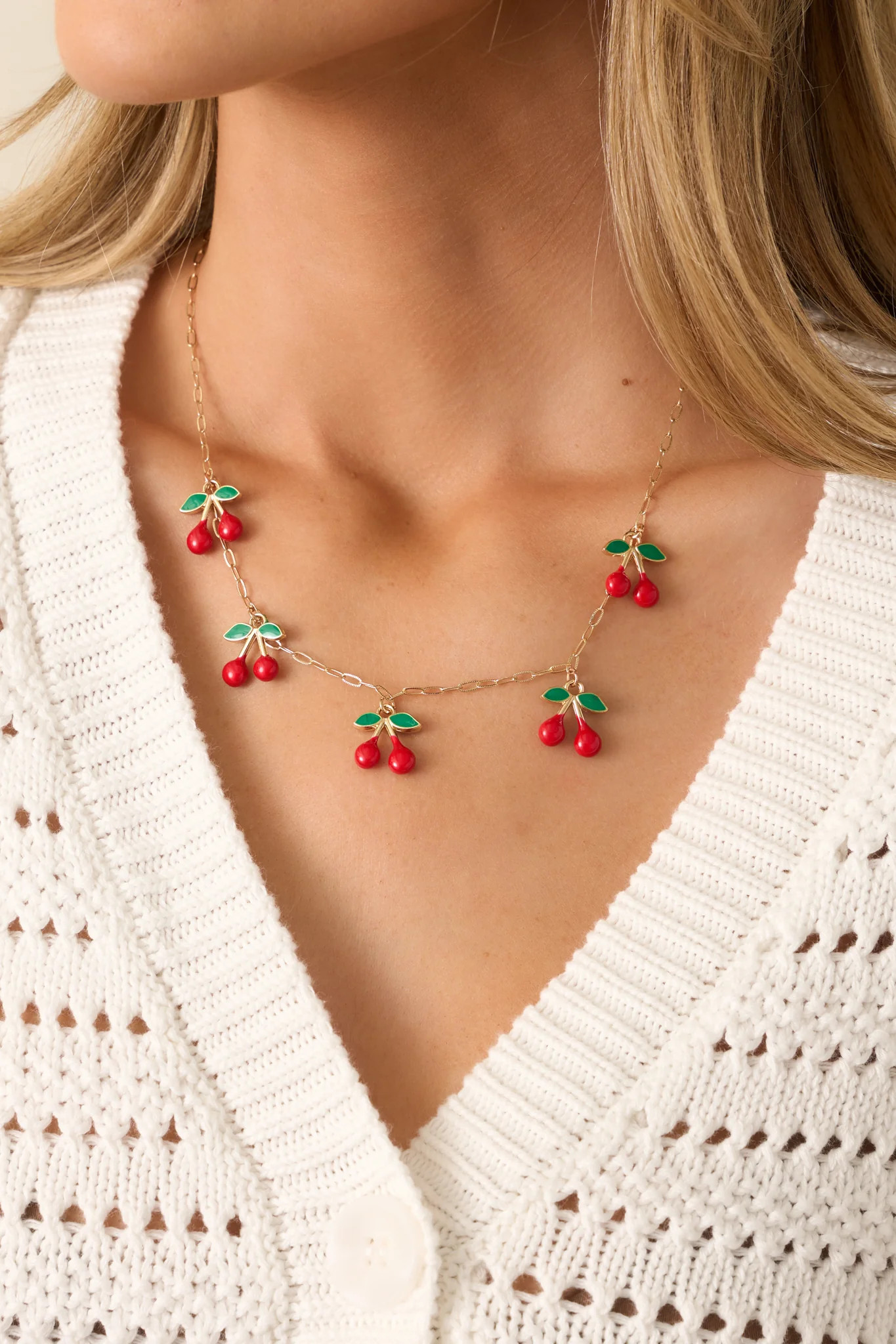 Cherry Chic Gold & Red Cherry Charm Necklace | Red Dress