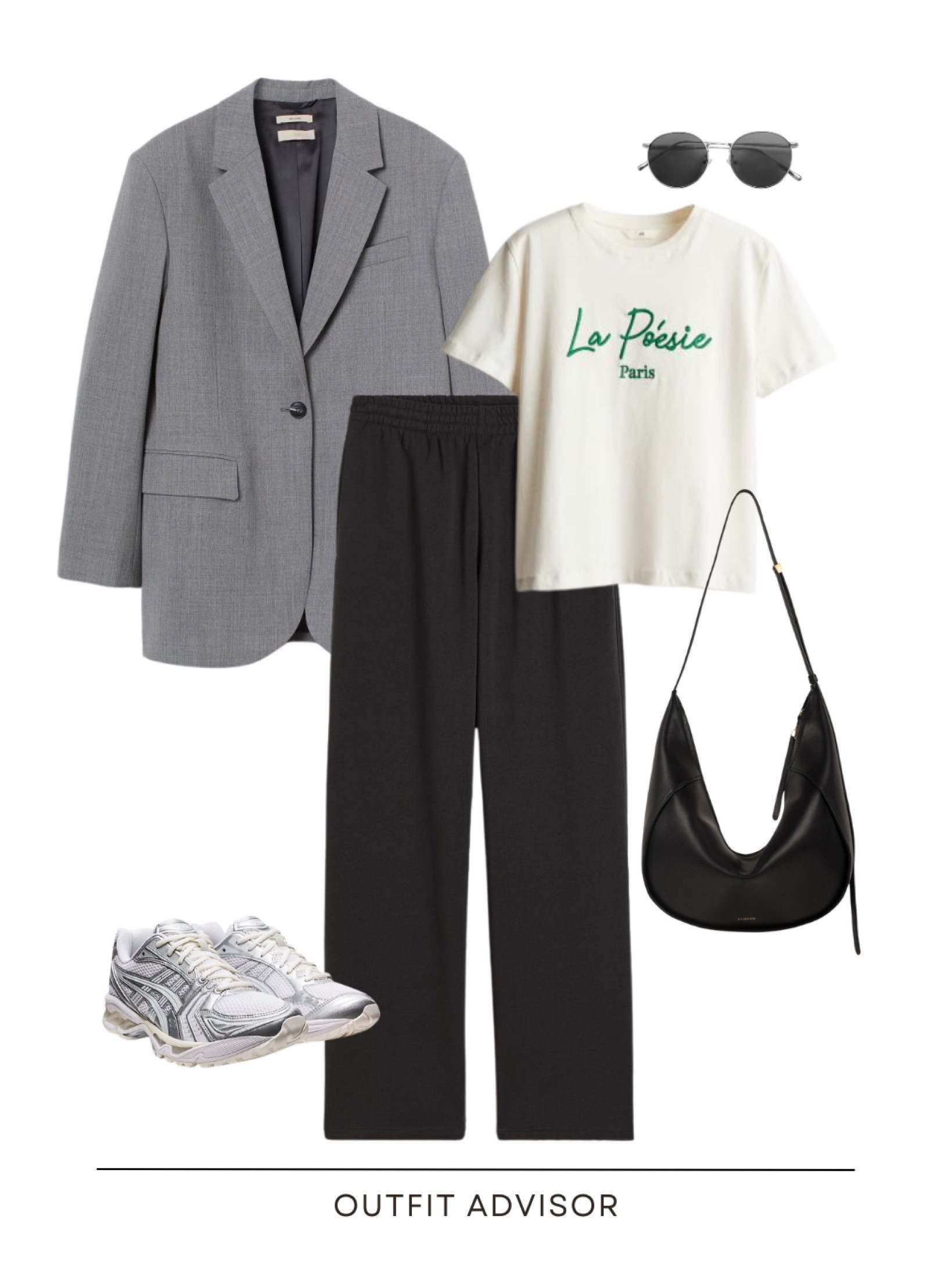 Casual spring outfit idea: a grey blazer, cream Tshirt, black wide leg joggers, silver sneakers, a crossbody bag and aviator sunglasses 

#LTKstyletip #LTKworkwear #LTKSeasonal
