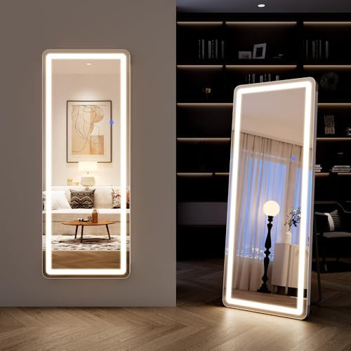 WISSMIELS Full Length Mirror with LED Lights, LED Mirrors Full Length Floor Mirror Full Body Mirror for Bedroom Wall Mounted Free Standing (Rectangle, 65" L×26" W) | Amazon (US)