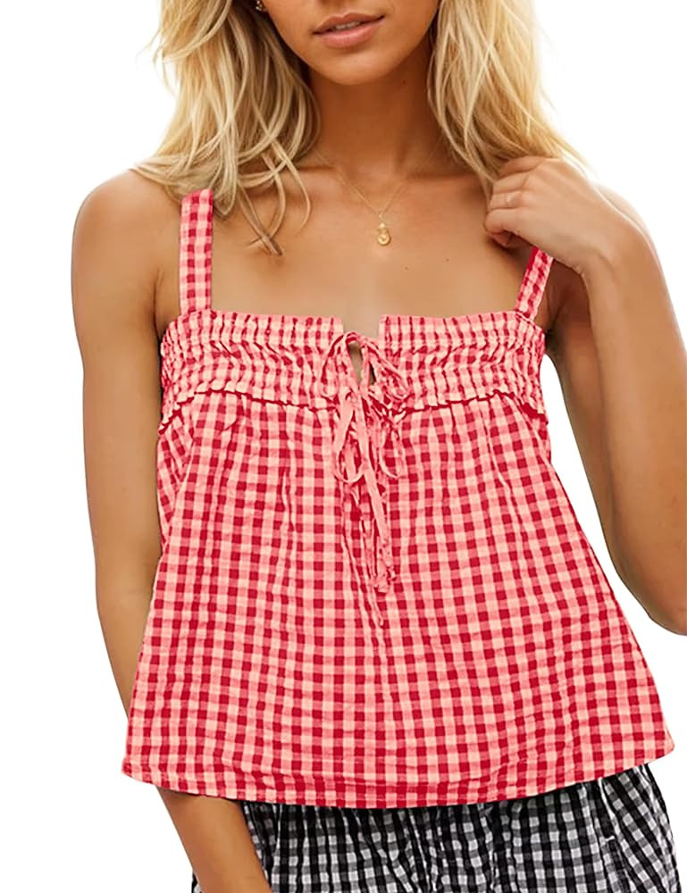 Women Cute Tie Front Plaid Crop Tank Tops Square Neck Sleeveless Gingham Camisole Tops Summer Bac... | Amazon (US)