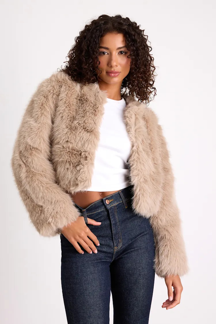 Xylona Taupe Faux Fur Cropped Jacket | Lulus
