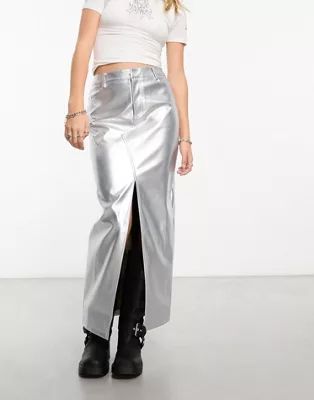 ASOS DESIGN faux leather maxi skirt with front split in silver metallic | ASOS (Global)