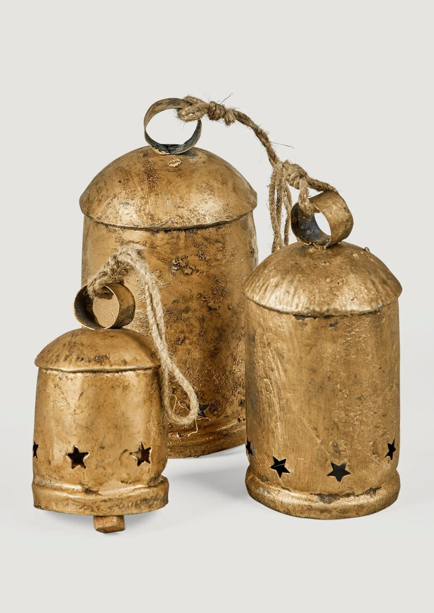 Set of 3 Antique Gold Metal Bell Holiday Ornaments - 6", 8.5", 10" | Afloral