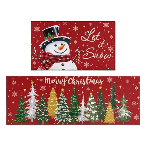 Christmas Kitchen Rugs Set of 2,Snowman Christmas Tree Christmas Rugs,Non-Slip Washable Kitchen Mats,Christmas Kitchen Decor,Suitable for Kitchen Holiday Sink Front Kitchen Mat,Red 17x30+17x47Inch | Amazon (US)