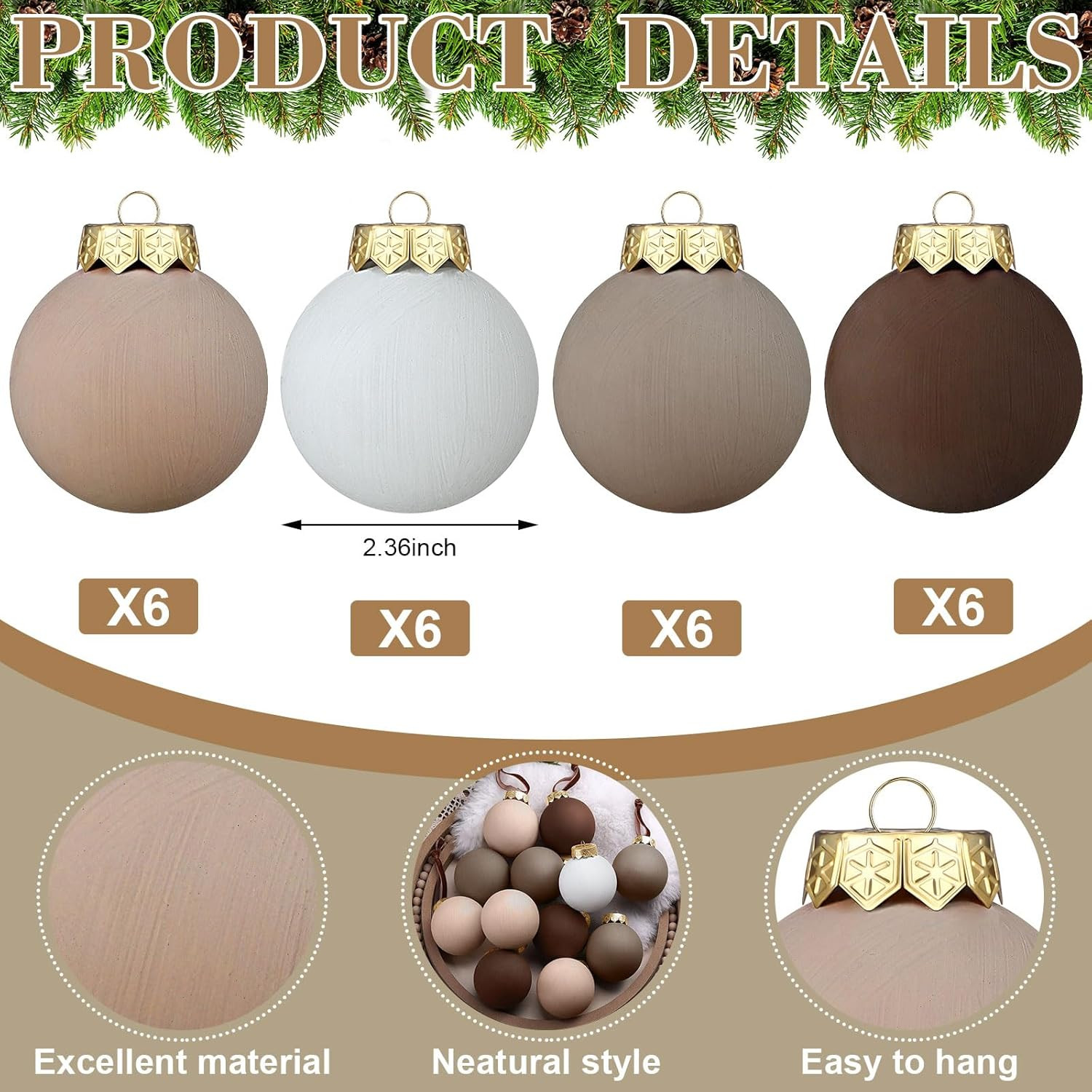 24 Pcs Modern Neutral Christmas Ball Ornaments 2.4 Inch Rustic Matte Xmas Tree Decorations Vintag... | Amazon (US)