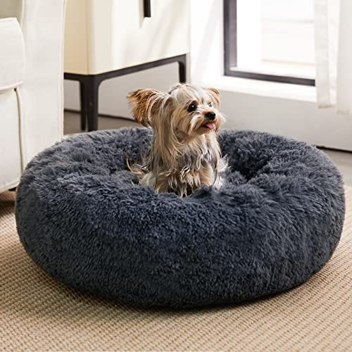 WNPETHOME Calming Dog & Cat Bed, Anti-Anxiety Donut Bed, Fluffy Faux Fur Cushion for Small Dogs and Cats (24 x 24 x 8 Inch, Navy Grey) | Amazon (US)