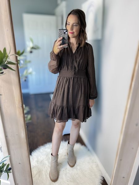 Old Navy dress, fall dress, winter dress, long sleeve dress, Thanksgiving dress

Waist-Defined Swiss-Dot Shine Brown Mini Dress — TTS, S Tall (I am 5’8”)

Target ankle boots — TTS

#LTKfindsunder50 #LTKSeasonal #LTKwedding