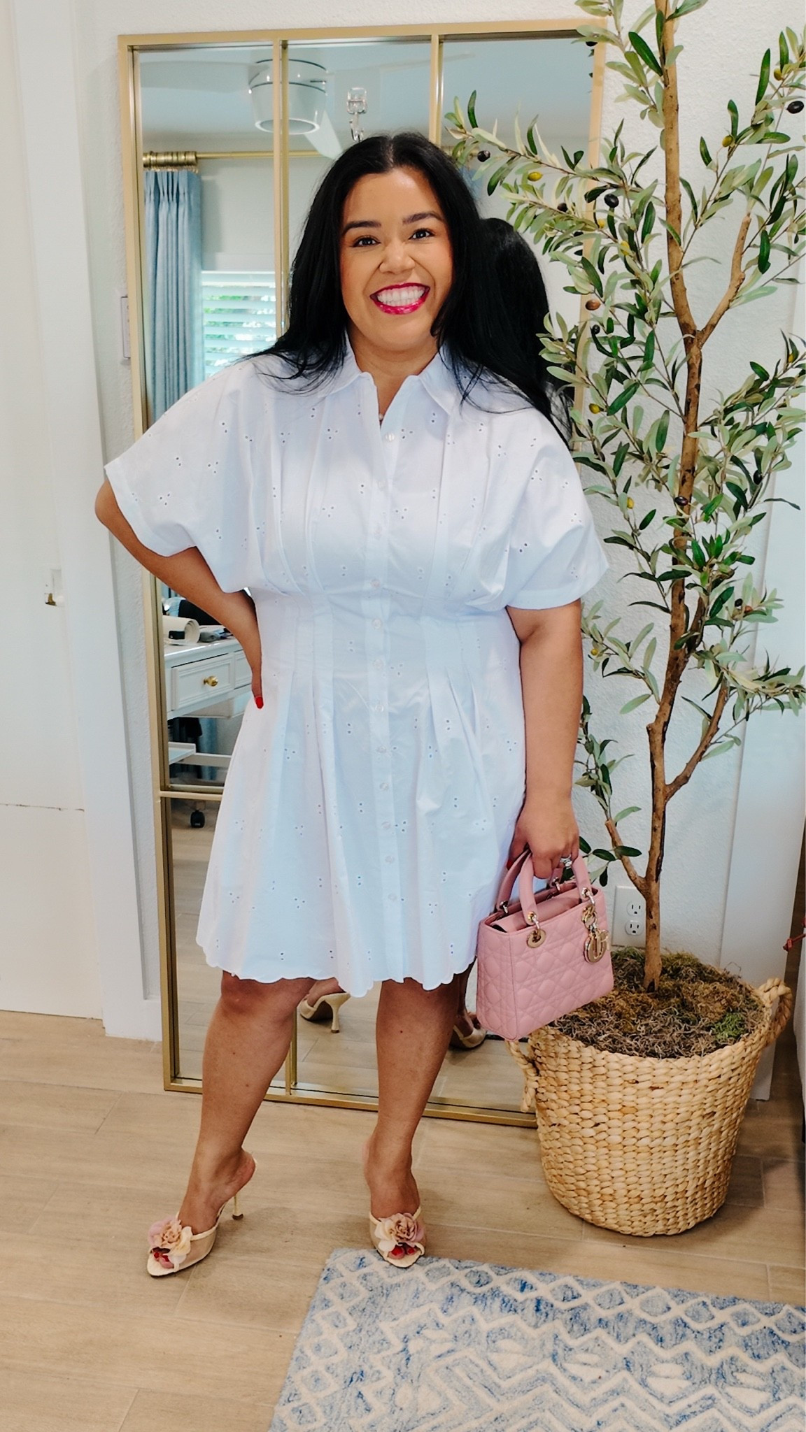Free Assembly dresses are always the cutest! 
Love the eyelet detail! I’m 5’1” and think the length is perfect. 

Spring dress, Easter dress, spring outfit, Smiles and Pearls