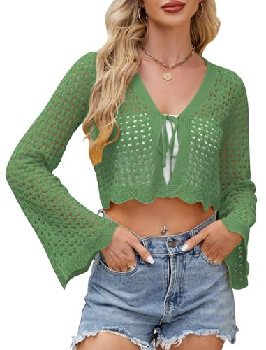 Women's Crochet Tie Front Cardigan Cropped Knit Bolero Shrug Sage Green M | Amazon (US)