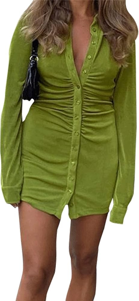 LYANER Women's Casual Collar V Neck Button Down Ruched Long Sleeve Bodycon Mini Dress | Amazon (US)
