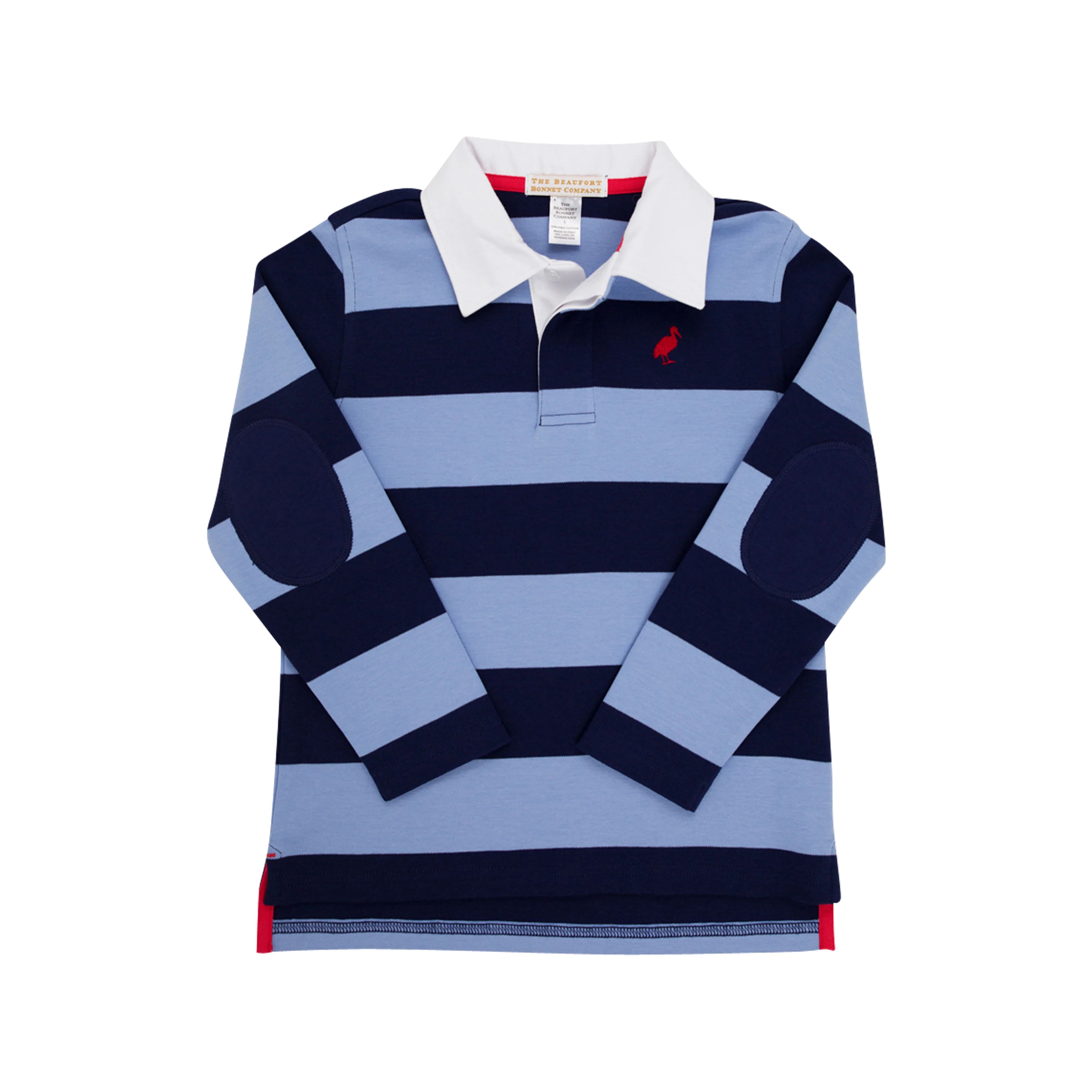 Rollins Rugby Shirt - Nantucket Navy & Park City Periwinkle Stripe with Richmond Red Stork | The Beaufort Bonnet Company