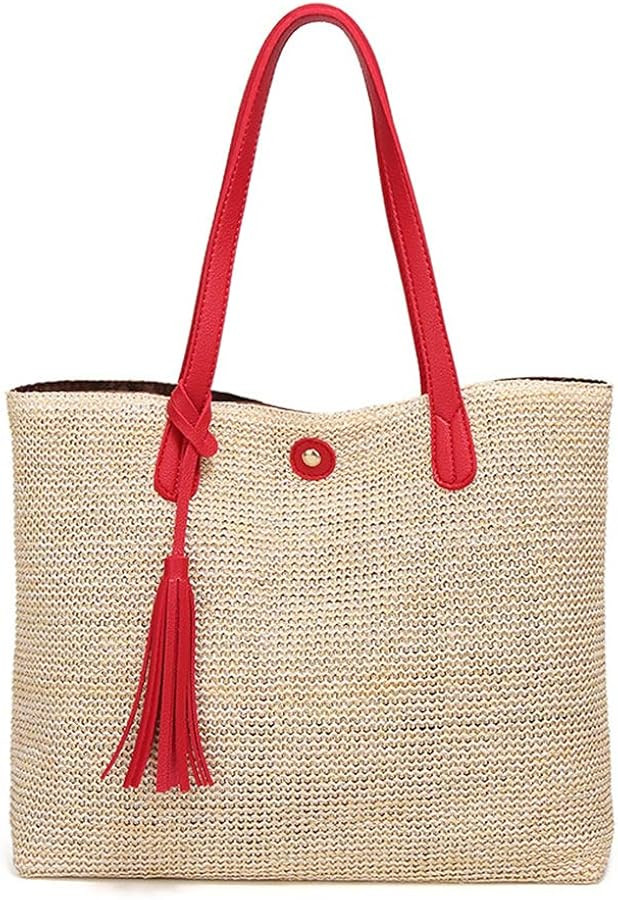 Women Straw Summer Beach Bag Handwoven Big Tote Leather Shoulder Handbag with Tassel Decorate (Re... | Amazon (US)