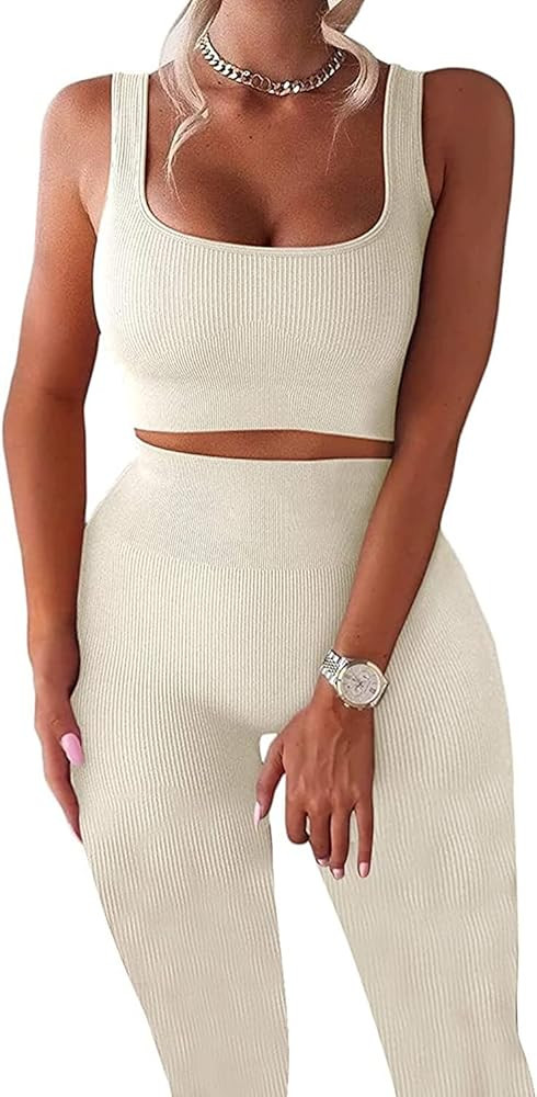 Workout Sets for Women 2 Piece Seamless Ribbed Crop Tank High Waist Shorts Yoga Outfits | Amazon (US)