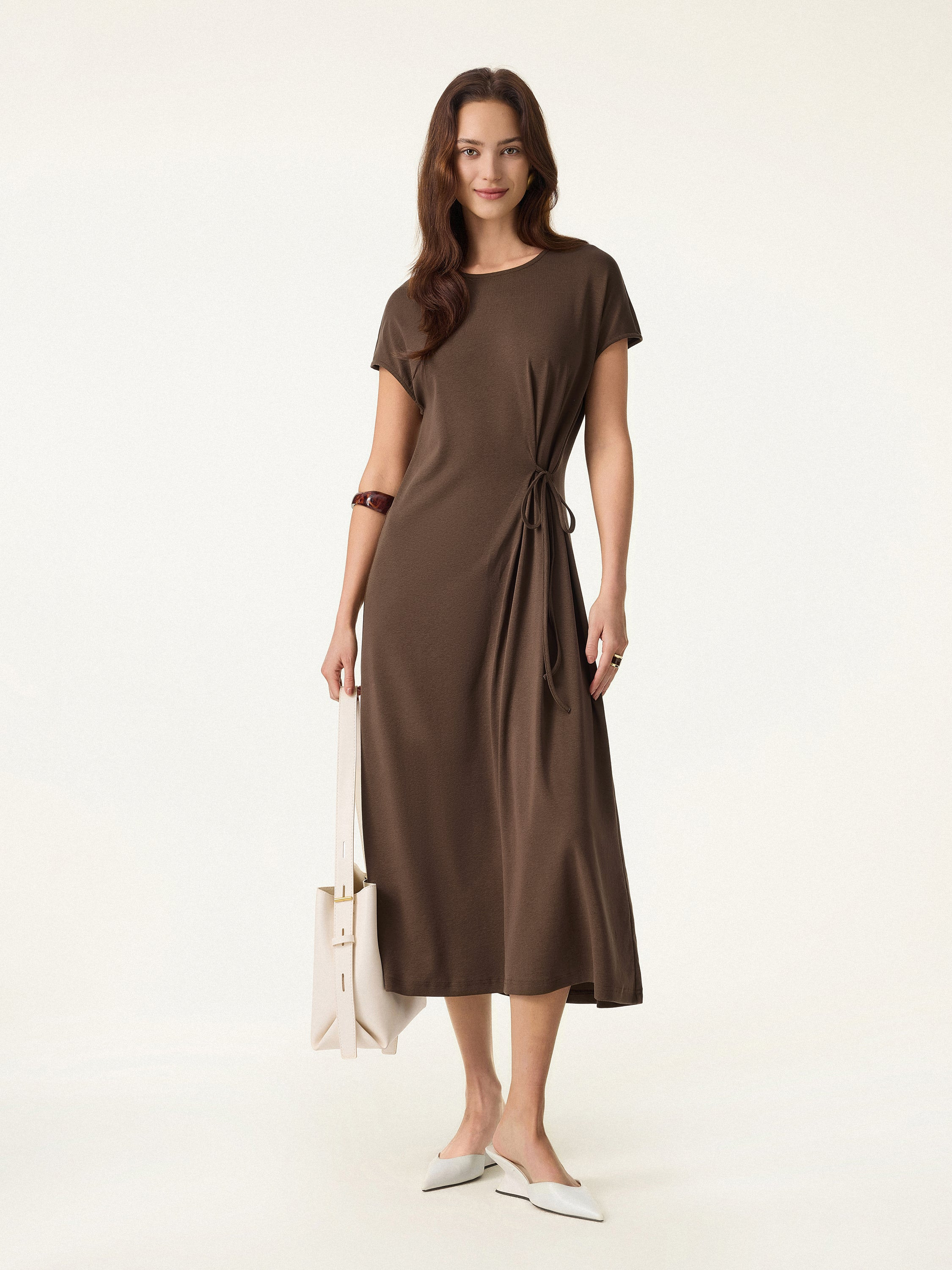 Cotton Lyocell Easy Airy Midi Dress with Self-Tie | OGLmove