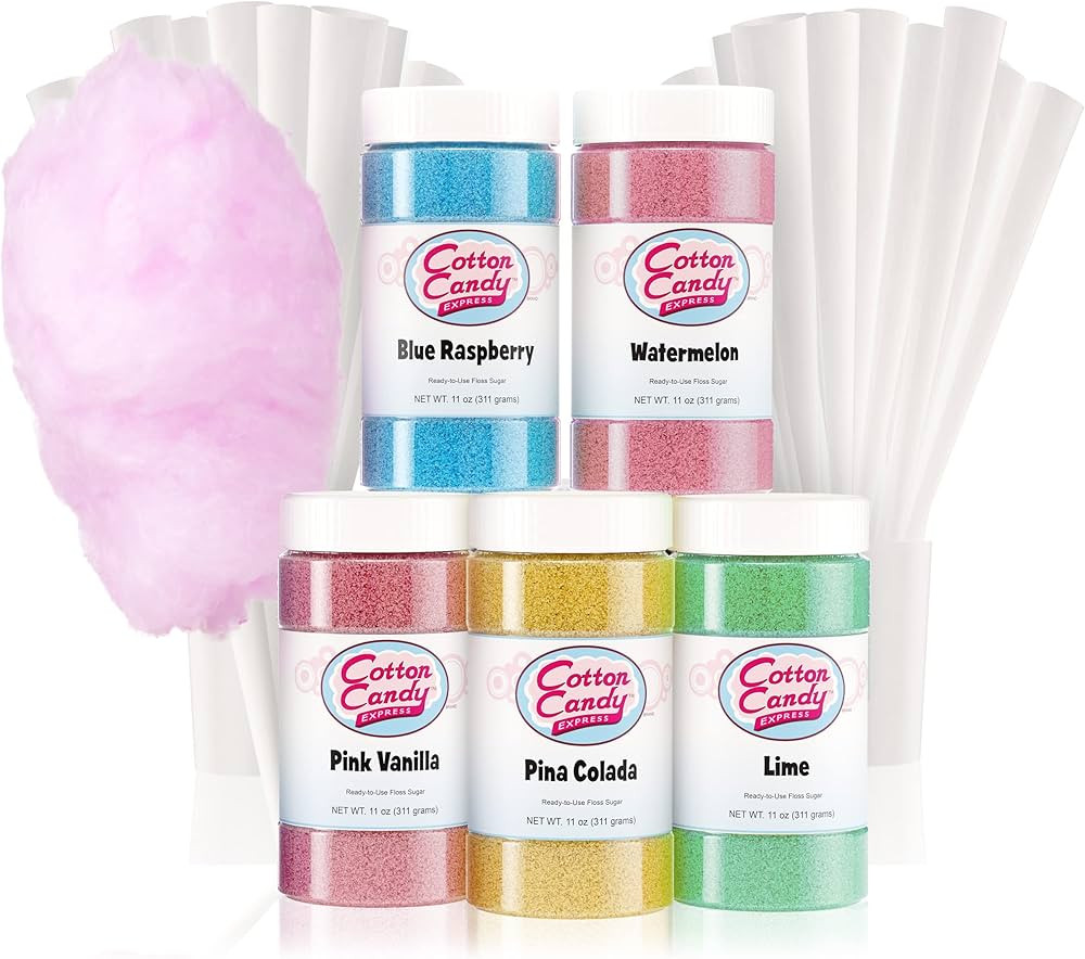 Cotton Candy Express Floss Sugar Variety Pack with 5 - 11oz Plastic Jars of Lime, Watermelon, Pin... | Amazon (US)