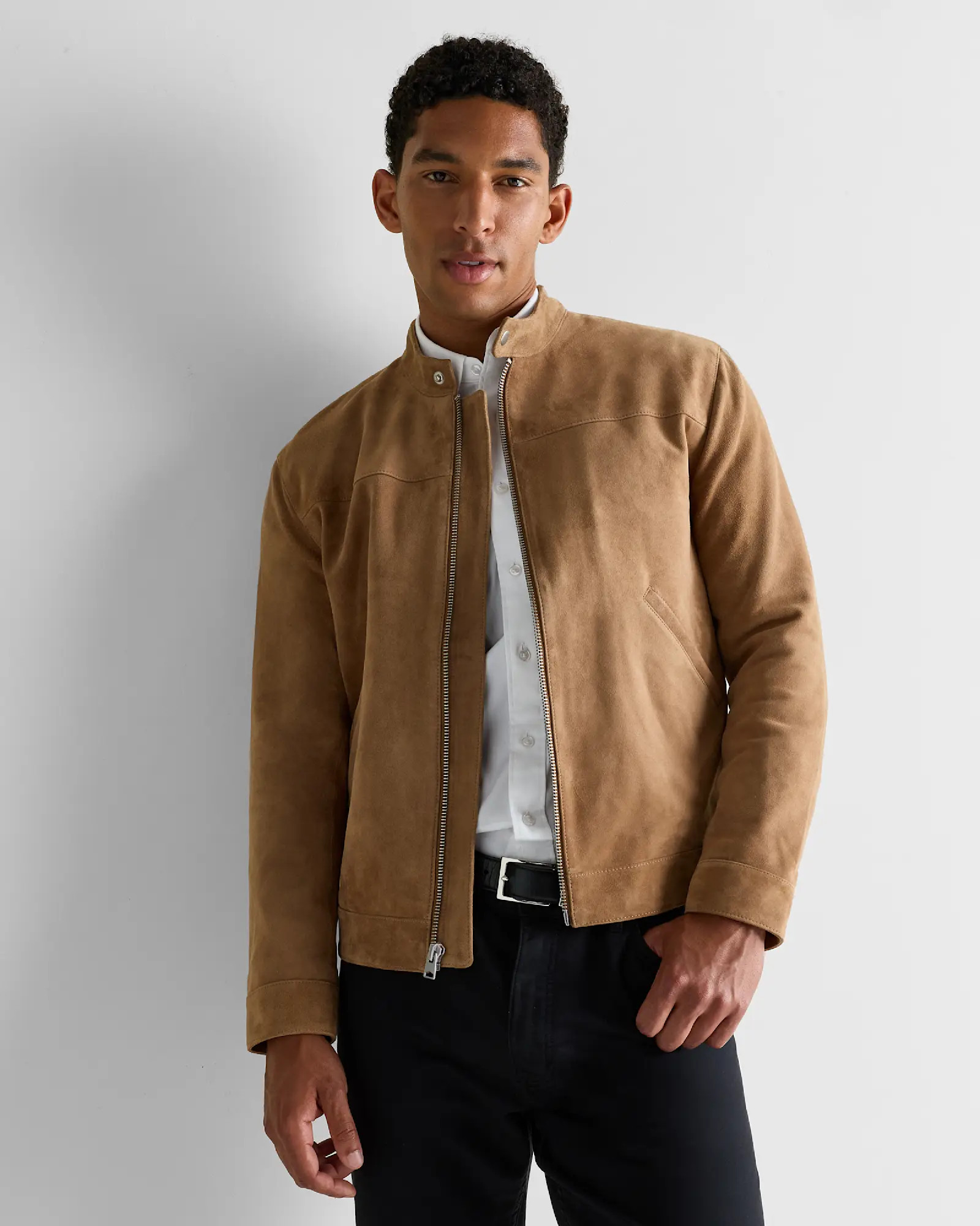 100% Suede Café Racer Jacket in Pecan Brown | Quince