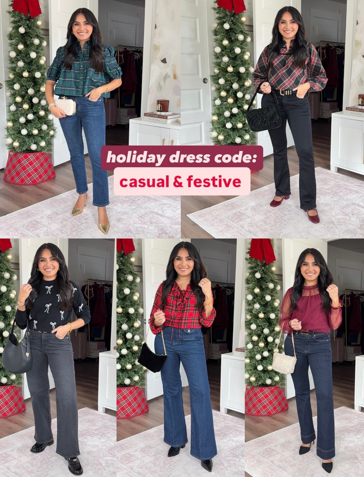 Casual and Festive Holiday Outfits!
For reference: I’m 5’0, 32b bra size, and 2/26 in bottoms, pear shaped. 
*Everything I share is unaltered! TTS means true to size. Between size 5-6.6 in shoes

Green plaid top size xs petite TTS
Straight jeans in seaside blue wash size 26, 26” inseam TTS
Gold heels size 5 TTS

Black tartan plaid top size xxs regular TTS
Black jeans size 0 petite TTS - I size down a size in this brand
Burgundy mary jane slingbacks size 5 TTS


Bow sweater size xxs regular TTS
Washed black slim wide leg jeans size 26 petite TTS
Black loafers size 5 TTS

Red plaid top size xxs regular TTS
Flare jeans in rinse wash  size 26 petite - run a little snug in the waist, size up a size if you like a more roomy waist
Black boots size 5.5 TTS


Vintage burgundy tulle top size xxs regular TTS
Bootcut jeans size 0 petite - I size down a size in this brand
Black heels size 5 TTS


holiday tops
casual festive outfits
holiday outfit ideas
holiday tops with jeans
holiday tops for work
office holiday outfits
festive workwear
work holiday outfit ideas
petite holiday outfits
petite workwear outfits
holiday party outfits
holiday outfits with dress pants
casual holiday outfits
holiday fashion finds
versatile holiday tops
Rachel Miranda Blog
Honeysweetpetite


#LTKHoliday #LTKPetite #LTKSaleAlert