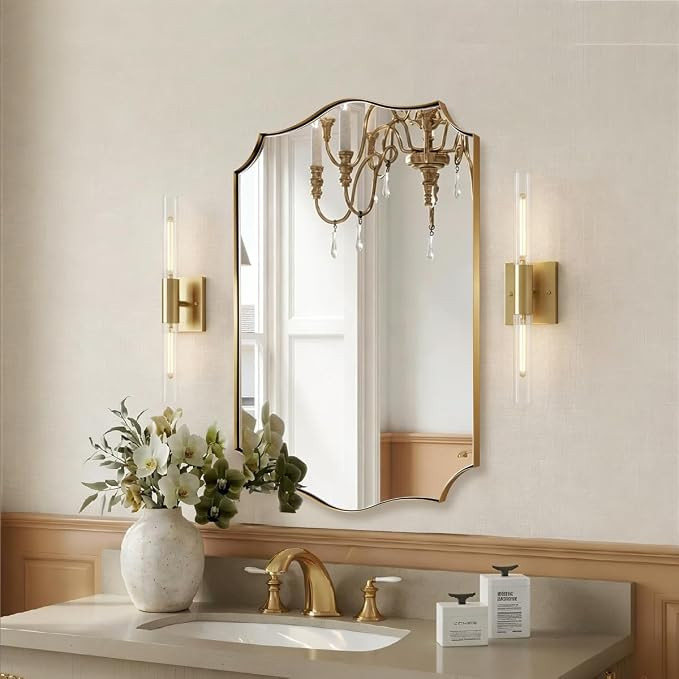 MIRRORART Brushed Brass Mirror 24x32, Scalloped Gold Mirrors for Bathroom, Modern Rectangle Mirro... | Amazon (US)