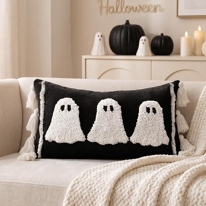 Halloween Lumbar Pillow Cover: Black and White Ghost Pillow Covers with Tassels, Cotton Linen Hal... | Amazon (US)