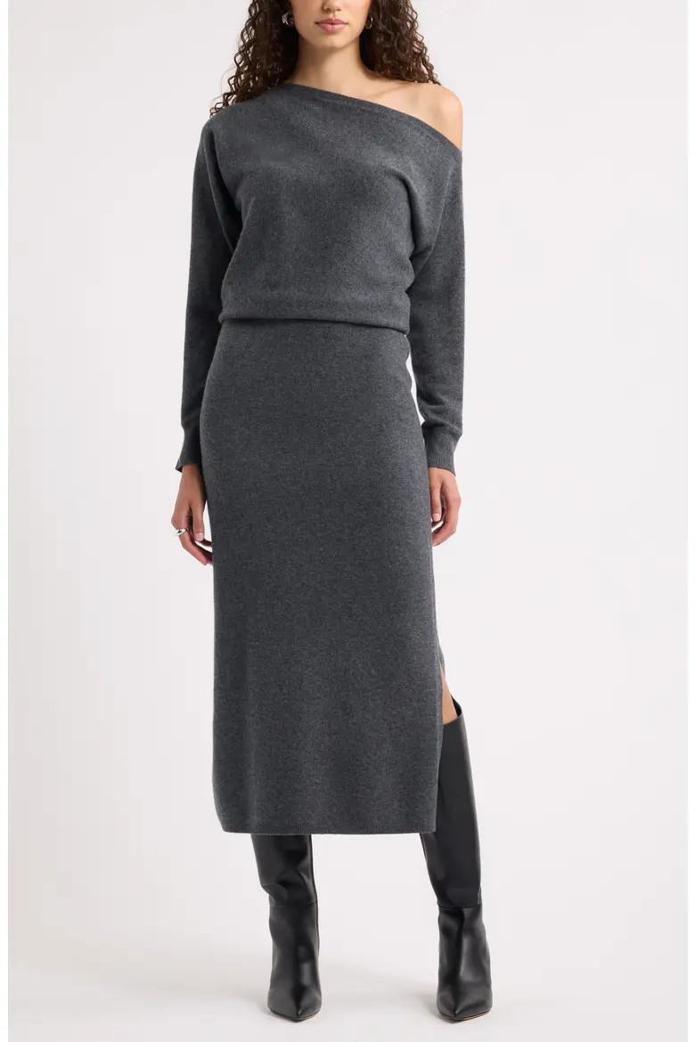 Nordstrom Off-Shoulder Wool & Cashmere Blend Dress in Grey Dark Charcoal at Nordstrom, Size X-Small | Nordstrom