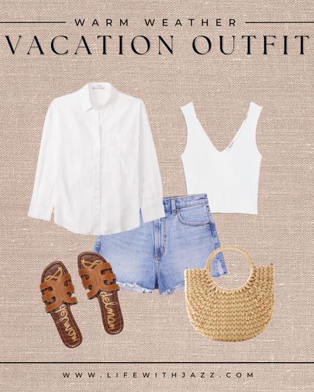 Comfy warm weather vacation outfit/ Madewell pieces are 25% off for insiders 

- vacation outfit, travel outfit, white button up, denim shorts, white cami, straw bag, slide sandals, Abercrombie, Madewell, Sam Edelman 

#LTKstyletip #LTKSeasonal #LTKunder100