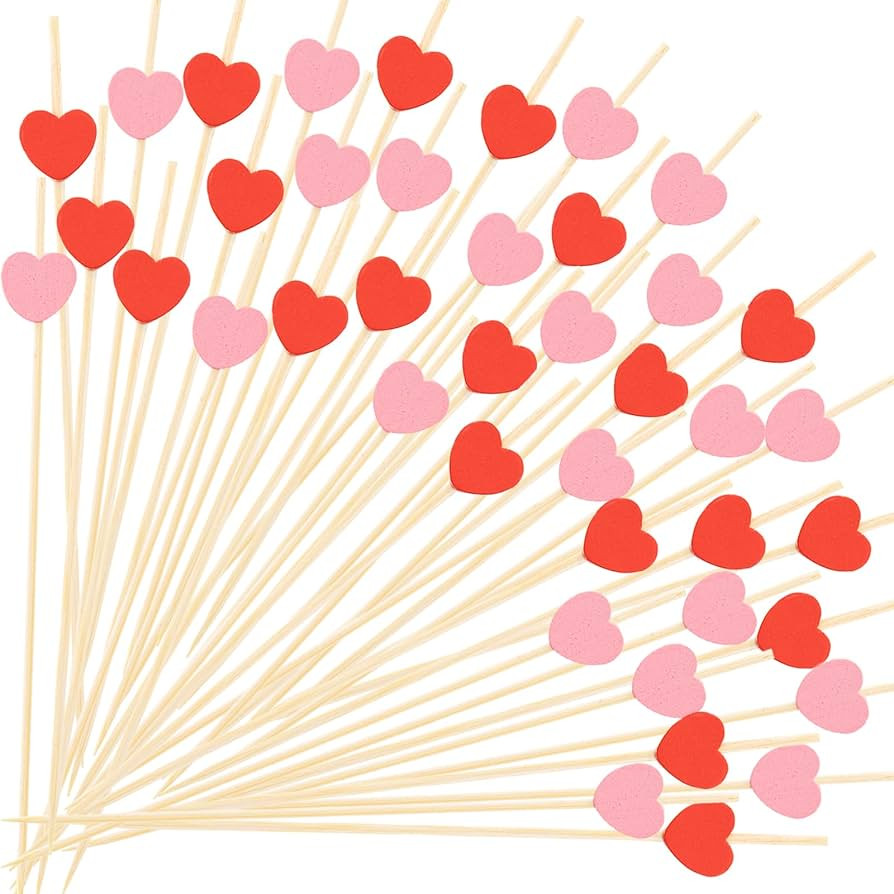 100Pcs Heart Cocktail Picks, Valentines Day Red Pink Heart Bamboo Toothpicks Cocktail Sticks for ... | Amazon (US)