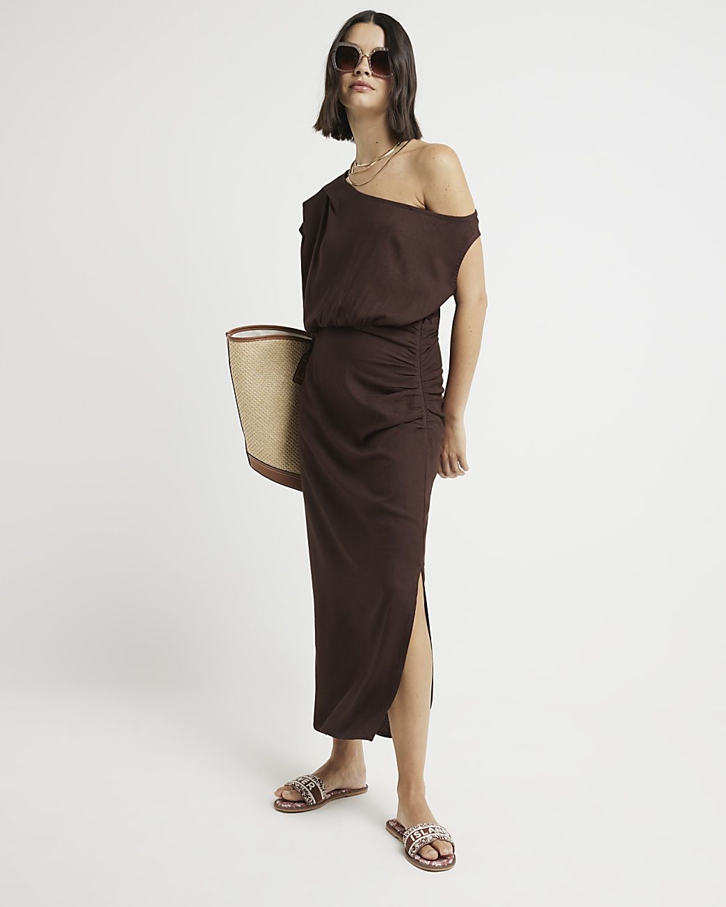 Brown linen blend ruched bodycon midi dress | River Island (UK & IE)