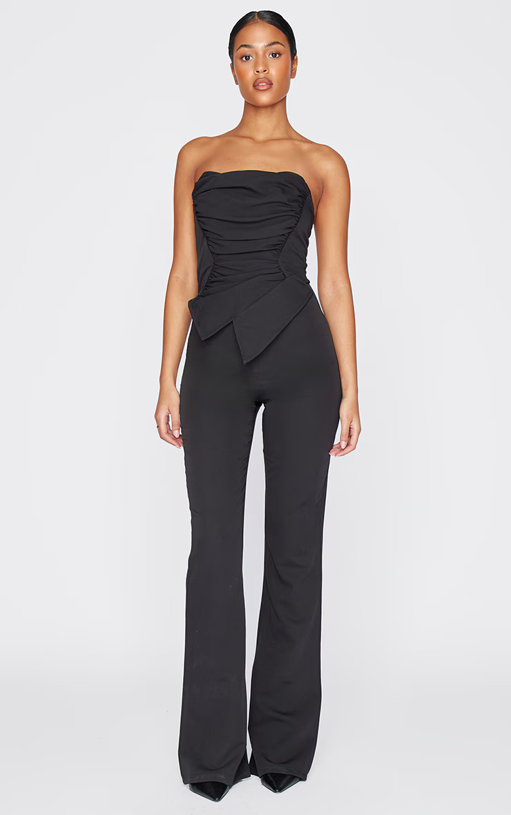 Tall Black Ruched Pointed Corset Bandeau Jumpsuit | PrettyLittleThing US
