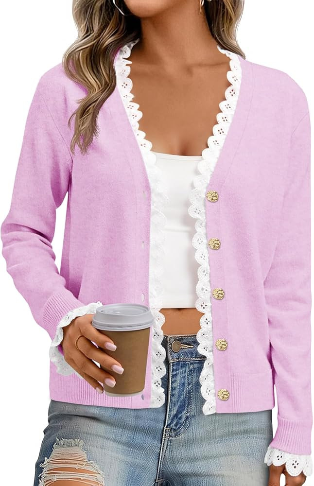Cicy Bell Womens Lace V Neck Cardigan Sweaters Button Down Long Sleeve Knit Tops Fall Trendy Ligh... | Amazon (US)