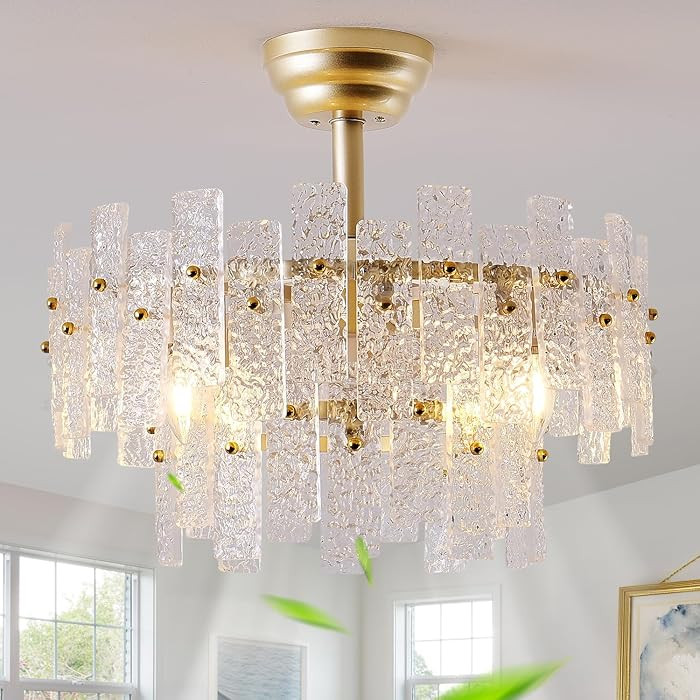 20" Gold Fandelier Ceiling Fan with Light,Gold Crystal Chandelier Ceiling Fans with Lights and Re... | Amazon (US)