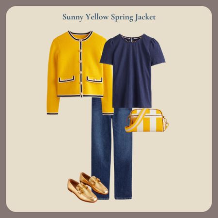 Spring outfit idea. Chanel style jacket in yellow paired with jeans, gold loafers and a yellow stripe bag

#LTKSeasonal #LTKeurope #LTKover40