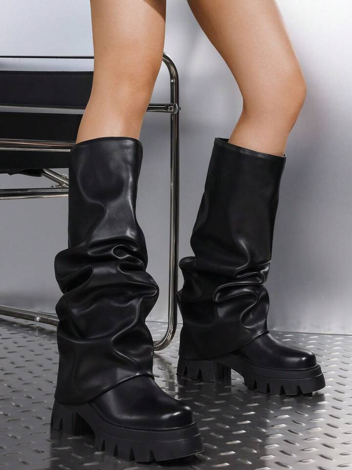 Women's Metallic Boots Slouchy Foldover Platform Round Toe Western Pull-On Fashion Boots | SHEIN ... | SHEIN