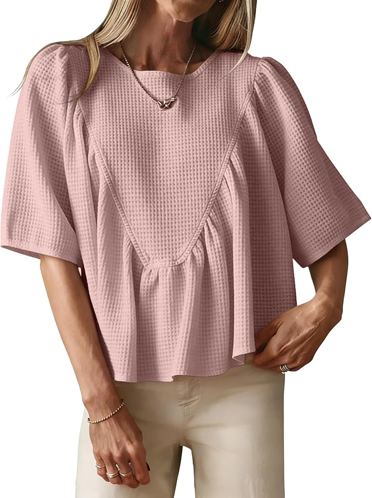 Women's Short Sleeve Peplum Babydoll Top Casual Waffle Knit Blouse Loose Relaxed Sleeve Shirt Dai... | Amazon (US)