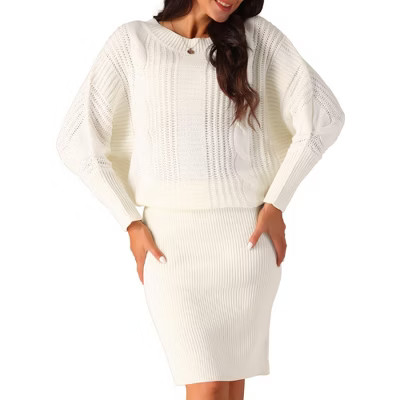 Seta T Women's Long Batwing Sleeve Cable Knit Chunky Pullover Sweater Dress White Large | Target