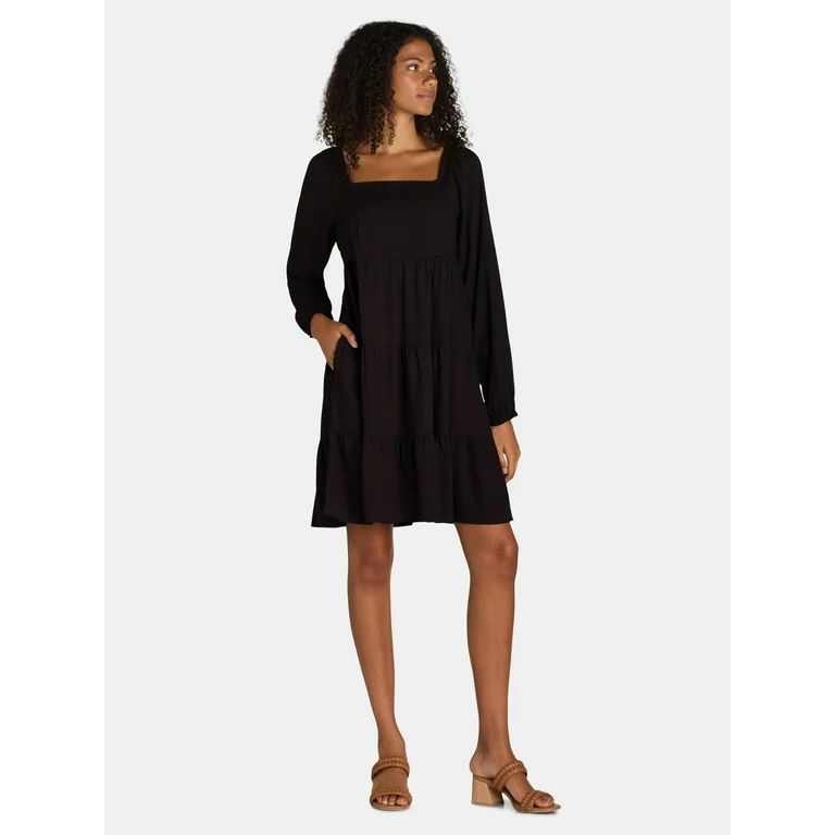 Time and Tru Women's Square Neck Mini Dress with Long Sleeves, Sizes XS-XXXL | Walmart (US)