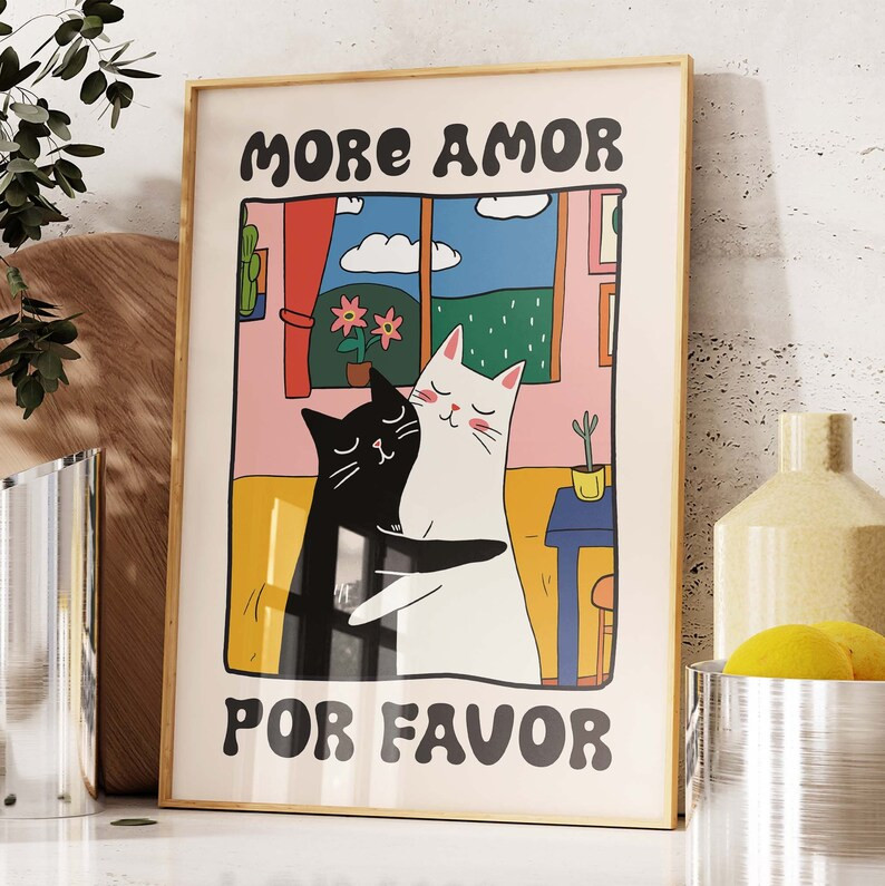 Cat Wall Art, More Amor Por Favor wall art, Black and White Cats Print, Retro Cat Love Poster, Be... | Etsy (US)