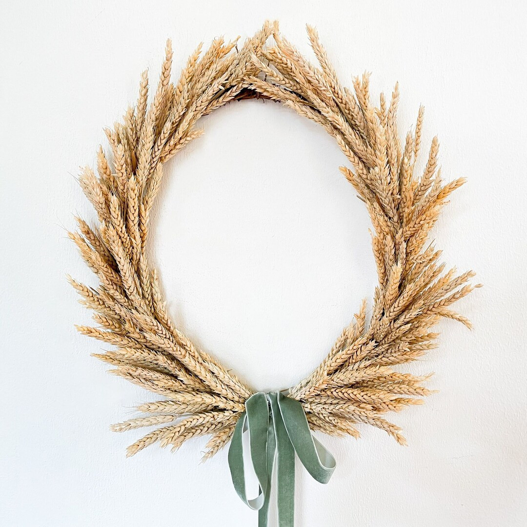 Wheat Wreath With Green Velvet Bow Dried French Wreath for - Etsy | Etsy (US)