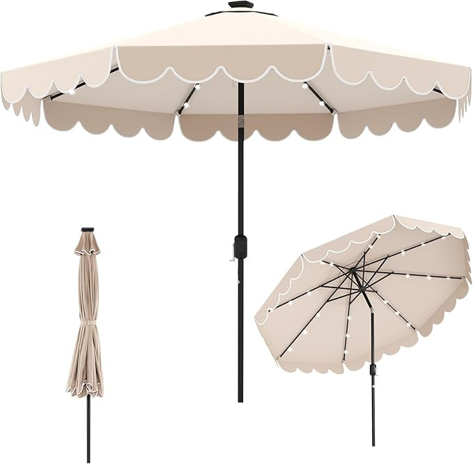 Tangkula 10FT Solar LED Patio Umbrella, 2-Tiers Scalloped Outdoor Table Market Umbrella with 24 L... | Amazon (US)
