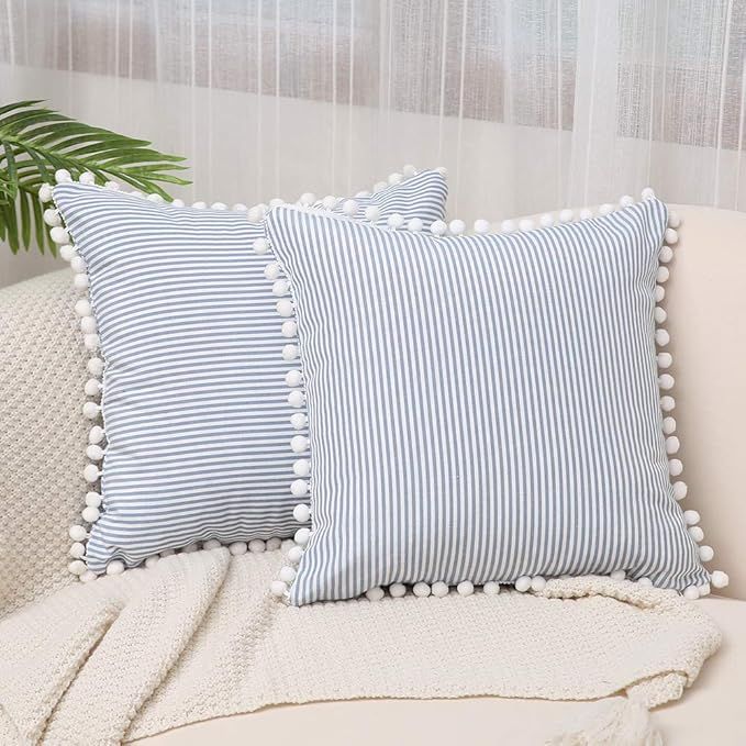 Kiuree Farmhouse Ticking Stripe Pillow Covers with Pom Poms Set of 2 Blue and White Outdoor Dec... | Amazon (US)