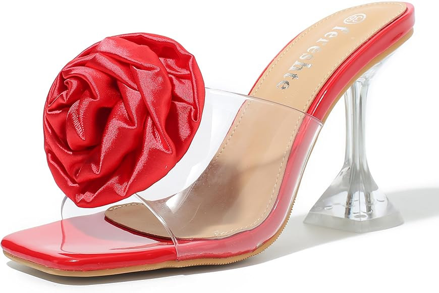 fereshte Women's Flower Heels Satin Rose Square Toe High Heeled Mule Dress Party Wedding Sandals | Amazon (US)