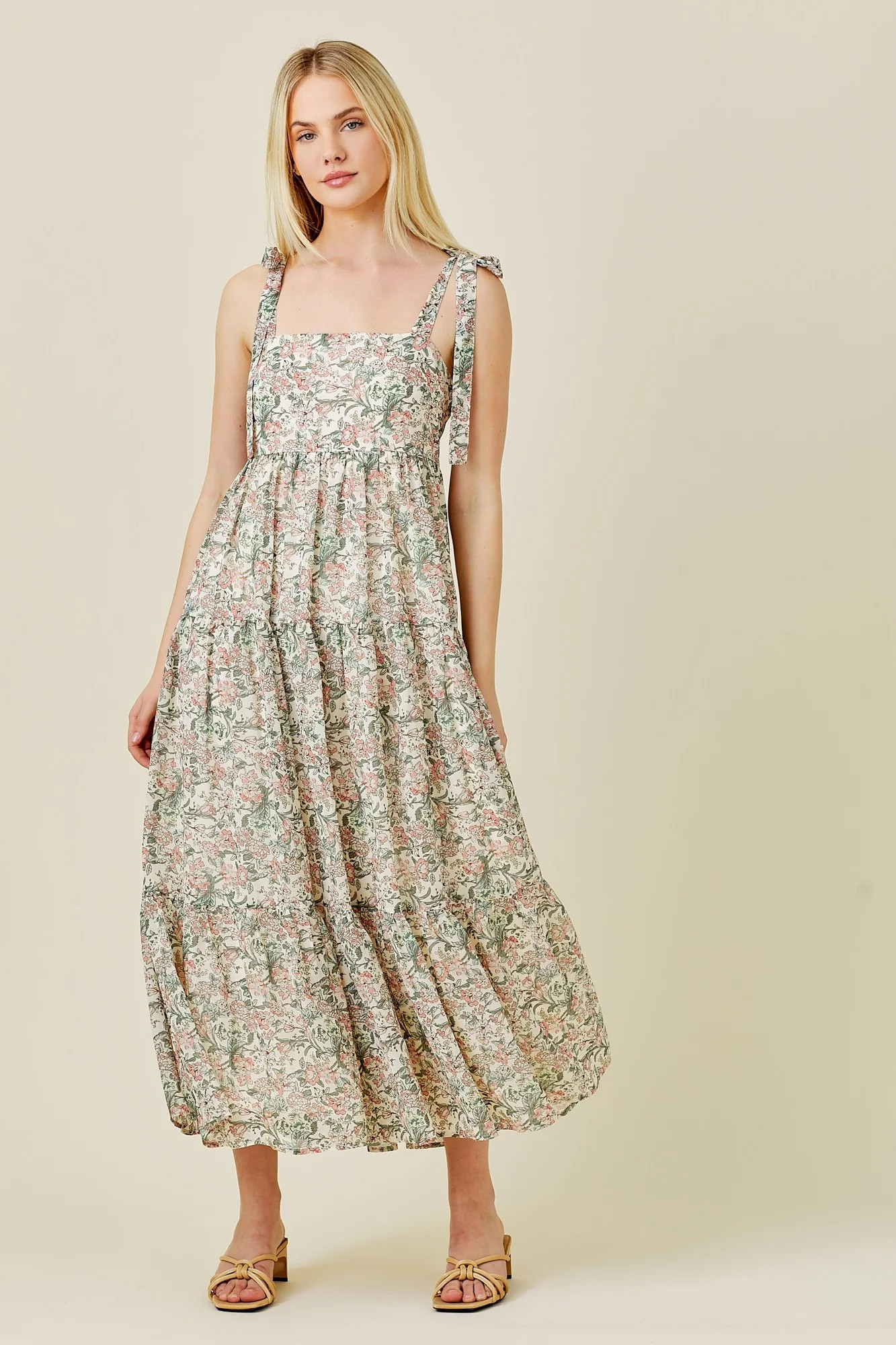 Cream Floral Shoulder Tie Tiered Maxi Dress | PinkBlush Maternity