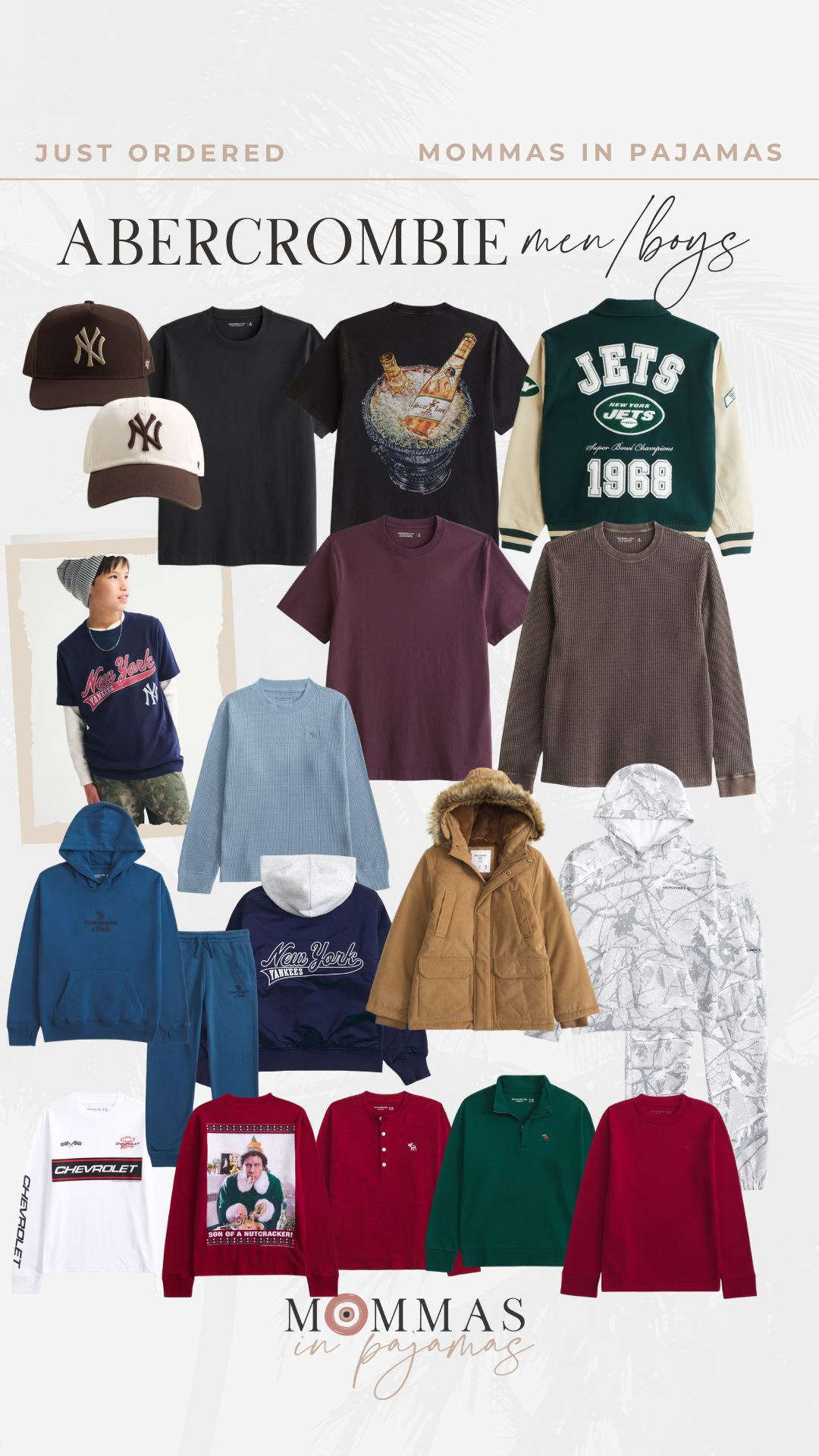 Abercrombie recent order for my husband and son. Boys Abercrombie Yankee shirts, varsity jacket, matching camo set, Elf long sleeve. Men's Abercrombie Jets jacket, beer graphic tee, chocolate brown hat. 

 #LTKCyberWeek #LTKSaleAlert #LTKKids