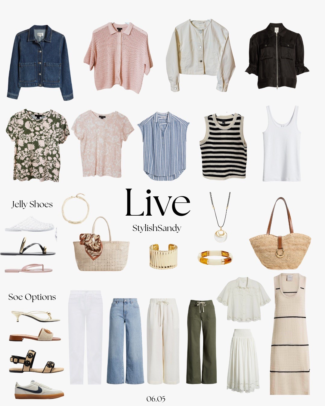 What I shared during my IG Live on 06.05.

Cardigan
Jackets
T-Shirts
Tanks
Button up
Cane tote
Raffia bag
Scarf
Jelly shoes
Bracelets
Necklaces
White jeans
Drawstring pants
Linen pants 
Skirt and top set
Dress
Sneakers
Sandals
Heels

#LTKSummerEdit #LTKOver40 #LTKFindsUnder100