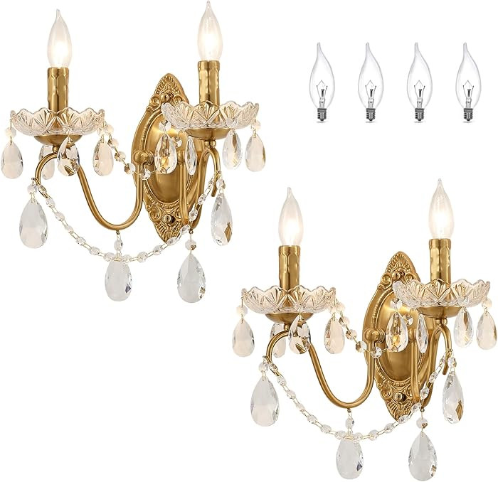 Crystal Wall Sconce Set of 2, Crystal Wall sconces, Vintage Wall sconces, Gold Brass Finish with ... | Amazon (US)