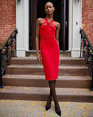 Rosette Bow Halter Neck Sleeveless Midi Dress | Express