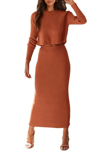 PRETTYGARDEN Women's Spring Fall 2 Piece Sweater Set Rib Knit Long Sleeve Crop Top Maxi Bodycon Skirt Casual Winter Outfits (Caramel,Small) | Amazon (US)