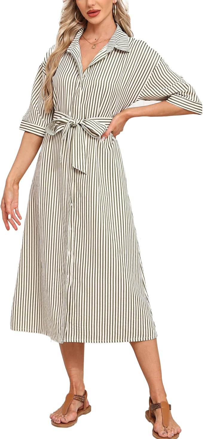 Women's 2026 Summer Gingham Maxi Dress Half Sleeve Casual Plaid Button Down Long Belted Shirt Dre... | Amazon (US)