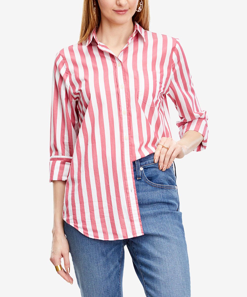 J.Crew Women's Button Down Shirts RED - Red & White Stripe Poplin Button-Up - Women | Zulily