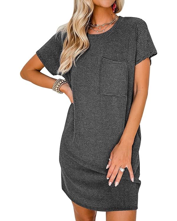 miduo Womens Casual Summer Crewneck Short Sleeve Striped Textured Ribbed Mini Tshirt Shift Dress | Amazon (US)