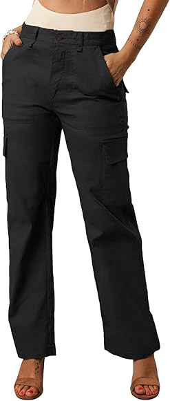 Rasutina Women High Waist Cargo Pants Petite Pants with 6 Pockets Black Wide Leg Trousers | Amazon (CA)